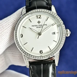 Patek Philippe Calatrava White Dial Diamond Bezel Replica Leather Men Automatic Clone 1:1