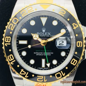 Rolex GMT-Master II Nero e Oro Orologi Replica Bracciale Acciaio Uomo Movimento Automatico Orologio Clone 1:1