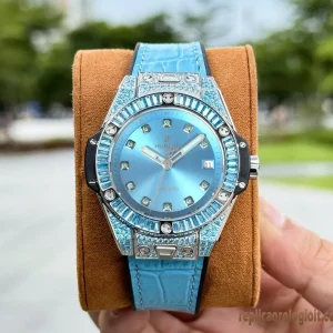 Hublot Big Bang Azzurro Diamanti Orologi Replica Cinturino in Pelle Donna Movimento Automatico Orologio Clone 1:1