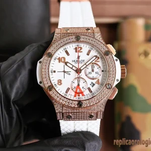 Hublot Big Bang Quadrante Bianco Lunetta Diamantata Orologi Replica Cinturino Gomma Uomo Movimento Automatico Orologio Clone 1:1