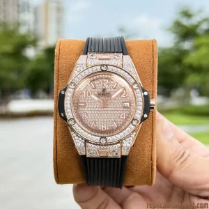 Hublot Big Bang Diamond Gold Replica Orologi Bracciale in Gomma Uomo Movimento Automatico Orologio Clone 1:1