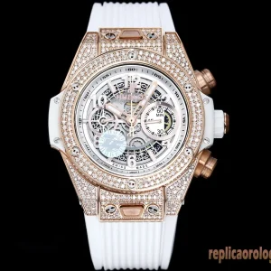 Hublot Big Bang White Gold Diamond Replica Orologi Bracciale in Gomma Uomo Movimento Automatico Orologio Clone 1:1