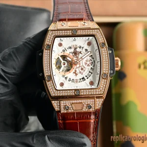 Hublot Big Bang White Dial Diamond Replica Leather Men Automatic Clone 1:1