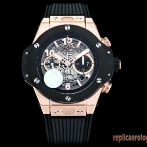 Hublot Big Bang Nero Oro Orologi Replica Cinturino in Gomma Uomo Movimento Automatico Orologio Clone 1:1