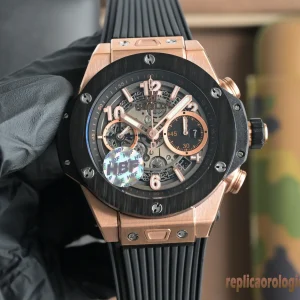 Hublot Big Bang Rose Gold Black Dial Replica Orologi Cinturino in Gomma Uomo Movimento Automatico Orologio Clone 1:1