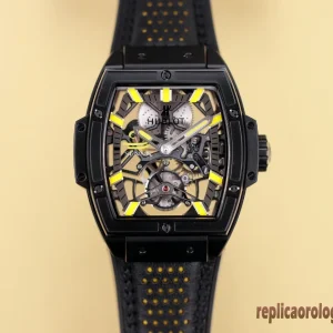 Hublot Spirit of Big Bang Nero Giallo Orologi Replica Cinturino in Pelle Uomo Movimento Automatico Orologio Clone 1:1