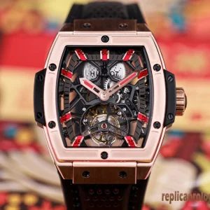 Hublot Masterpiece Rose Gold Skeleton Replica Orologi Bracciale Gomma Uomo Movimento Automatico Orologio Clone 1:1