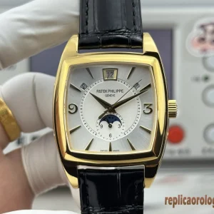 Patek Philippe Gondolo Oro Quadrante Argento Orologi Replica Cinturino Pelle Uomo Movimento Automatico Orologio Clone 1:1
