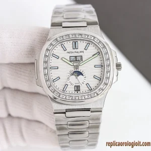 Patek Philippe Nautilus Argento Lunetta Diamantata Orologi Replica Bracciale Acciaio Uomo Movimento Automatico Orologio Clone 1:1