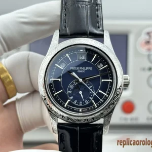 Patek Philippe Nautilus Blu Lunetta Intagliata Orologi Replica Cinturino Pelle Uomo Movimento Automatico Orologio Clone 1:1