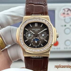 Patek Philippe Nautilus Oro e Diamanti Orologi Replica Cinturino in Pelle Uomo Movimento Automatico Orologio Clone 1:1