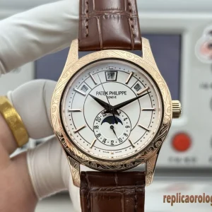 Patek Philippe Nautilus Oro Lunetta Intagliata Orologi Replica Cinturino Pelle Uomo Movimento Automatico Orologio Clone 1:1