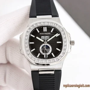 Patek Philippe Nautilus Nero Lunetta Diamantata Orologi Replica Cinturino Gomma Uomo Movimento Automatico Orologio Clone 1:1