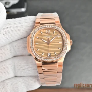 Patek Philippe Nautilus Oro Rosa Quadrante Marrone Orologi Replica Bracciale Acciaio 904L Donna Movimento Automatico Orologio Clone 1:1