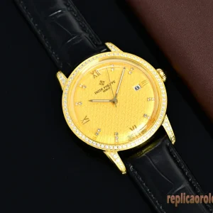 Patek Philippe Calatrava Giallo Lunetta Diamantata Orologi Replica Cinturino Pelle Uomo Movimento Automatico Orologio Clone 1:1