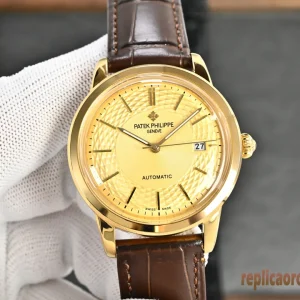 Patek Philippe Calatrava Giallo Orologi Replica Cinturino in Pelle Uomo Movimento Automatico Orologio Clone 1:1
