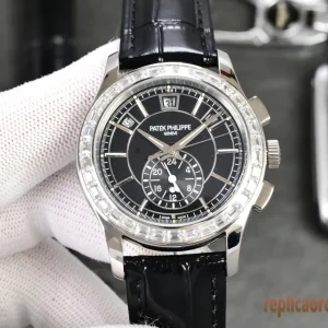 Patek Philippe Complications Black Diamond Orologi Replica Leather Men Automatico Clone 1:1