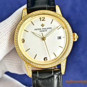 Patek Philippe Calatrava Oro Lunetta Diamanti Orologi Replica Cinturino Pelle Uomo Movimento Automatico Orologio Clone 1:1