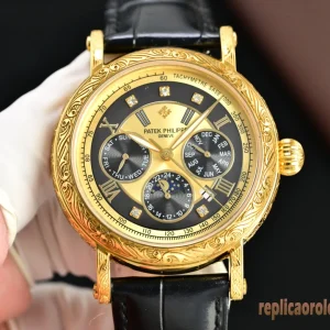 Patek Philippe Grand Complications Nero Lunetta Dorata Orologi Replica Cinturino in Pelle Uomo Movimento Automatico Orologio Clone 1:1