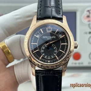 Patek Philippe Grand Complications Nero Lunetta Intagliata Orologi Replica Cinturino in Pelle Uomo Movimento Automatico Orologio Clone 1:1
