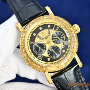 Patek Philippe Grand Complications Oro Nero Orologi Replica Cinturino in Pelle Uomo Movimento Automatico Orologio Clone 1:1