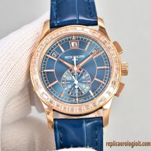 Patek Philippe Grand Complications Blu con Lunetta Diamantata Orologi Replica Cinturino in Pelle Uomo Movimento Automatico Orologio Clone 1:1