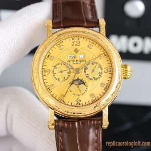 Patek Philippe Grand Complications Oro Gialdo Orologi Replica Cinturino in Pelle Uomo Movimento Automatico Orologio Clone 1:1