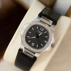 Patek Philippe Nautilus Grey Dial Diamond Bezel Leather Strap Women Automatic Clone 1:1