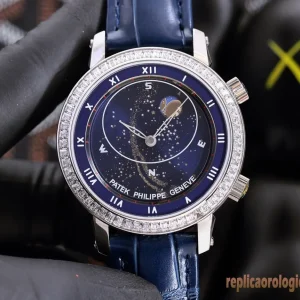 Patek Philippe Sky Moon Tourbillon Blue Dial Replica Leather Men Automatic Clone 1:1