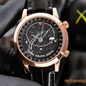 Patek Philippe Sky Moon Tourbillon Nero Orologi Replica Cinturino in Pelle Uomo Movimento Automatico Orologio Clone 1:1