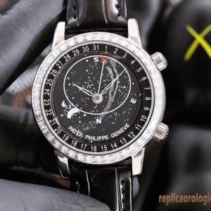 Patek Philippe Sky Moon Tourbillon Nero Orologi Replica Cinturino in Pelle Uomo Movimento Automatico Orologio Clone 1:1