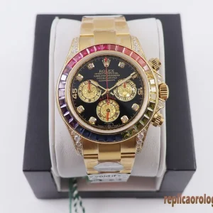 Rolex Daytona Arcobaleno Oro Giallo Orologi Replica Bracciale in Metallo Uomo Movimento Automatico Orologio Clone 1:1