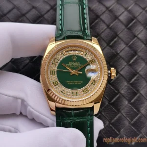 Rolex Day-Date Quadrante Verde con Diamanti Orologi Replica Cinturino in Pelle Uomo Movimento Automatico Orologio Clone 1:1