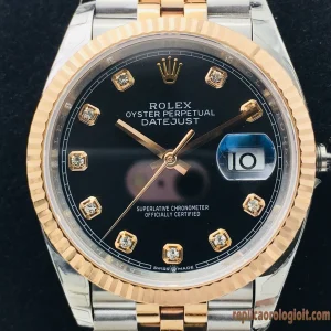 Rolex Datejust Oro e Acciaio Quadrante Nero Diamantato Orologi Replica Bracciale in Metallo Uomo Movimento Automatico Orologio Clone 1:1