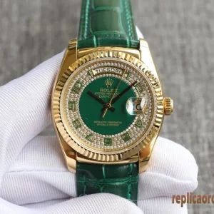 Rolex Day-Date Verde Diamantato Orologi Replica Cinturino in Pelle Uomo Movimento Automatico Orologio Clone 1:1