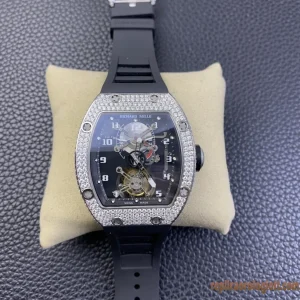 Richard Mille RM011 Black Dial Diamond Bezel Replica Watches Rubber Strap Men Automatic Movement Clone 1:1