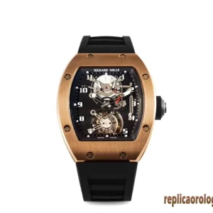 Richard Mille RM 011 Rose Gold Black Dial Replica Watches Rubber Strap Men Automatic Swiss Clone 1:1