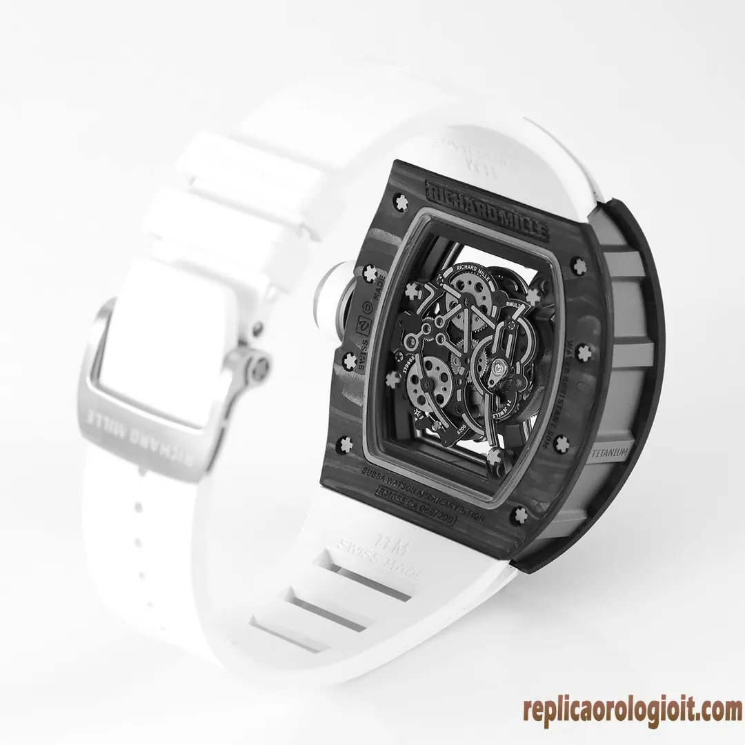 Richard Mille RM 055 Black Carbon White Band Replica Watches Men Automatic Swiss Movement Clone 1:1 - immagine 7