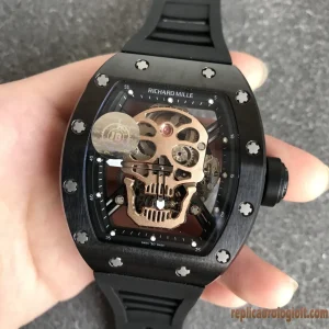 Richard Mille RM52-01 Black Skull Watches Replica Rubber Men Automatic Swiss Movement Clone 1:1