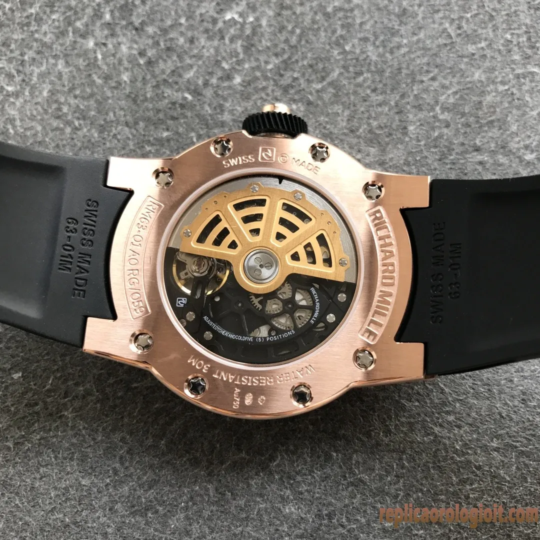 Richard Mille RM 63-01 Nero Orologi Replica Cinturino in Gomma Uomo Movimento Automatico Orologio Clone 1:1 - immagine 7