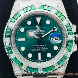 Rolex Submariner Verde con Lunetta Diamantata Orologi Replica Bracciale Acciaio 904L Automatico Orologio Clone 1:1