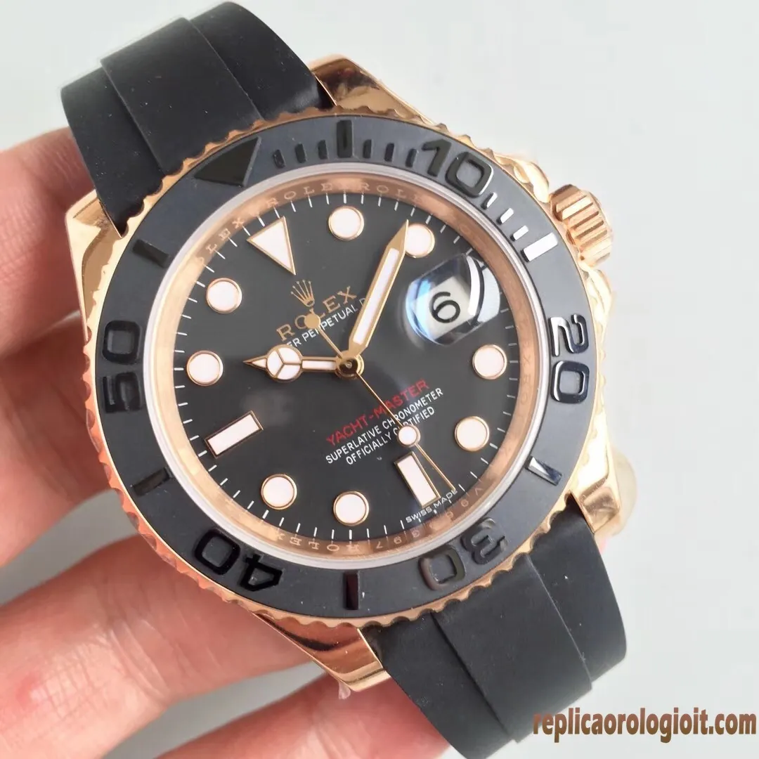 Rolex Yacht-Master Quadrante Nero Lunetta Oro Orologi Replica Cinturino in Gomma Uomo Movimento Automatico Orologio Clone 1:1 - immagine 2