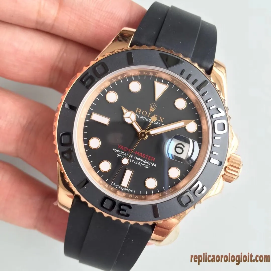 Rolex Yacht-Master Quadrante Nero Lunetta Oro Orologi Replica Cinturino in Gomma Uomo Movimento Automatico Orologio Clone 1:1 - immagine 3