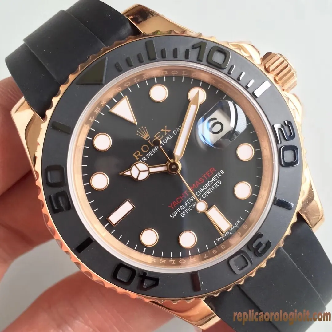 Rolex Yacht-Master Quadrante Nero Lunetta Oro Orologi Replica Cinturino in Gomma Uomo Movimento Automatico Orologio Clone 1:1 - immagine 4