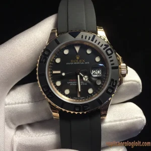Rolex Yacht-Master Nero Lunetta Oro Rosa Orologi Replica Cinturino Gomma Uomo Movimento Automatico Orologio Clone 1:1