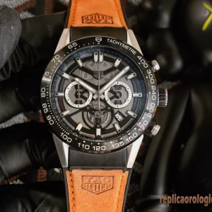 Tag Heuer Carrera Nero Lunetta Tachimetrica Orologi Replica Cinturino Pelle Uomo Movimento Automatico Orologio Clone 1:1