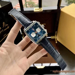 Tag Heuer Monaco Blue Orologi Replica Cinturino in Pelle Uomo Movimento Automatico Orologio Clone 1:1
